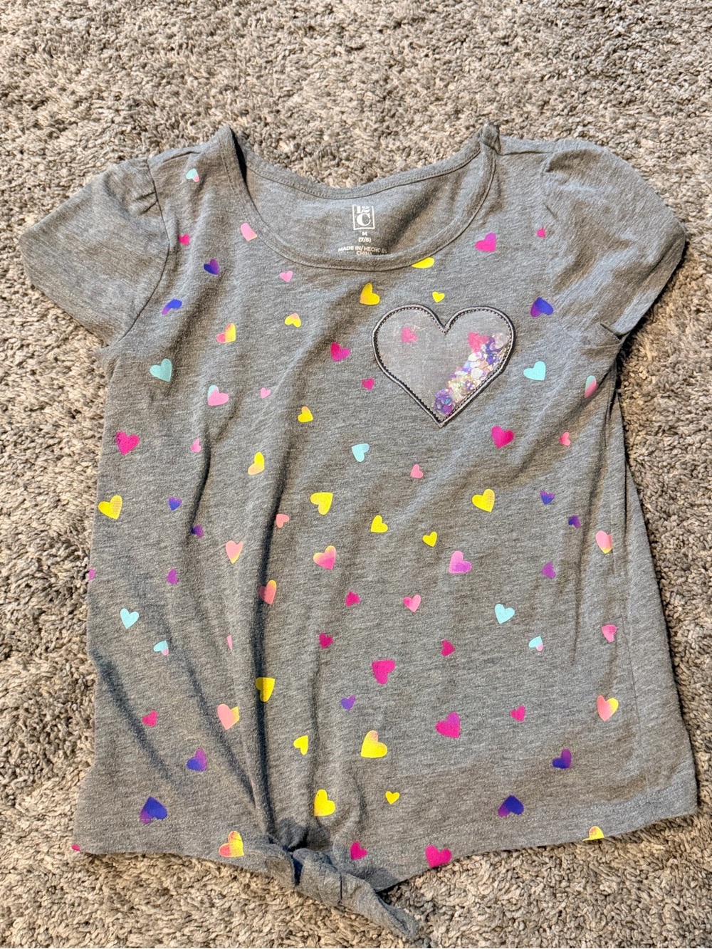 Girl’s Grey Heart Sequin Tie-Front Tee - Multi-Color Hearts Size 7/8